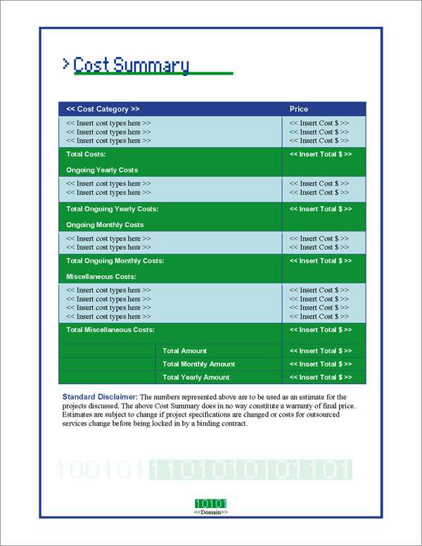 Proposal Pack Tech #2 Cost Summary Page