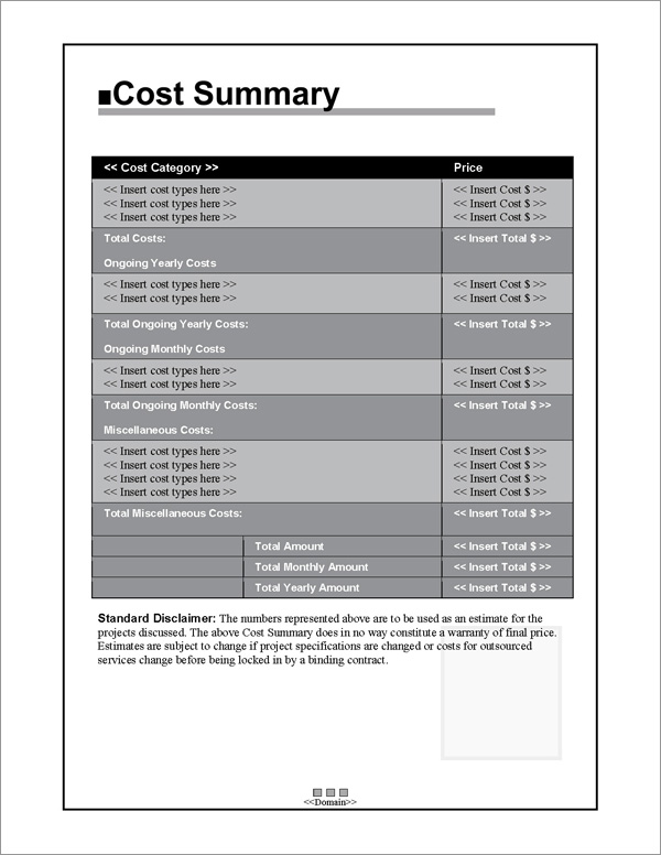 Proposal Pack Classic #1 Cost Summary Page Proposal Pack Classic #1 Cost Summary Page