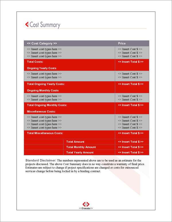 Proposal Pack Classic #2 Cost Summary Page