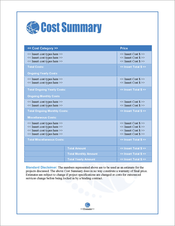 Proposal Pack Web #1 Cost Summary Page Proposal Pack Web #1 Cost Summary Page