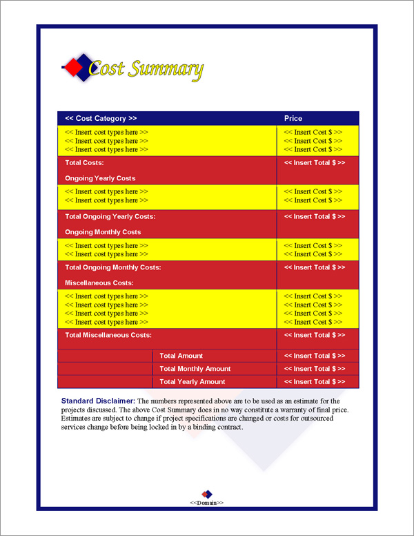 Proposal Pack Contemporary #2 Cost Summary Page Proposal Pack Contemporary #2 Cost Summary Page