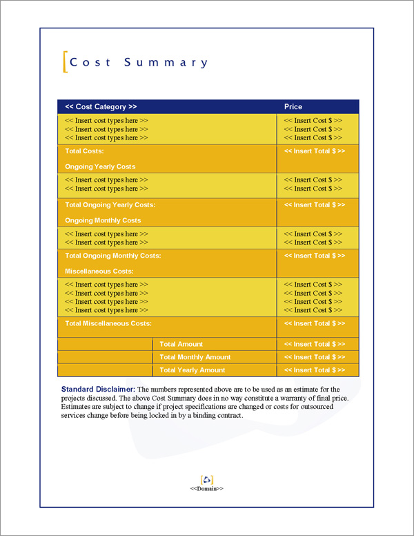 Proposal Pack Classic #3 Cost Summary Page Proposal Pack Classic #3 Cost Summary Page