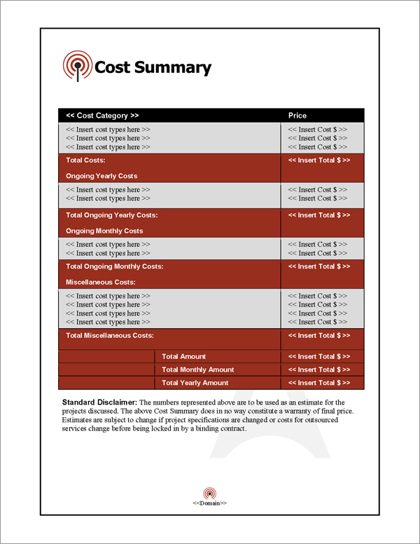 Proposal Pack Telecom #1 Cost Summary Page