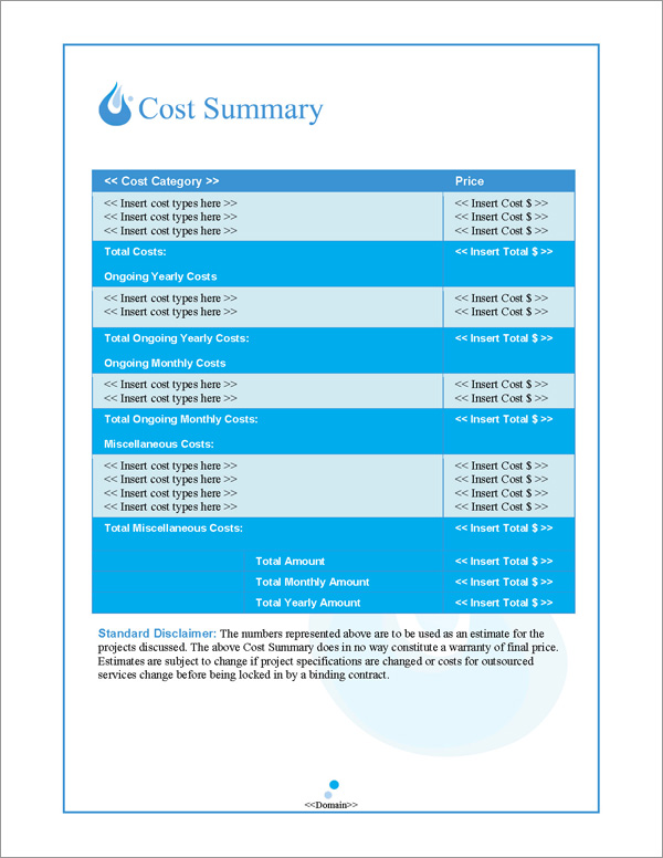 Proposal Pack Aqua #1 Cost Summary Page Proposal Pack Aqua #1 Cost Summary Page