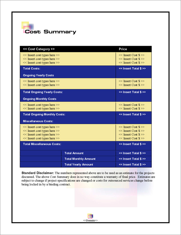 Proposal Pack Artsy #3 Cost Summary Page Proposal Pack Artsy #3 Cost Summary Page