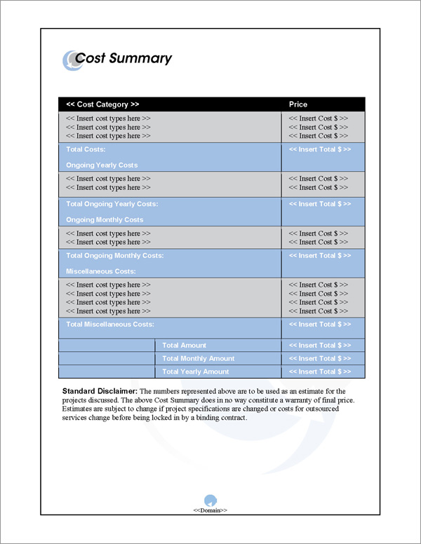 Proposal Pack In Motion #1 Cost Summary Page Proposal Pack In Motion #1 Cost Summary Page