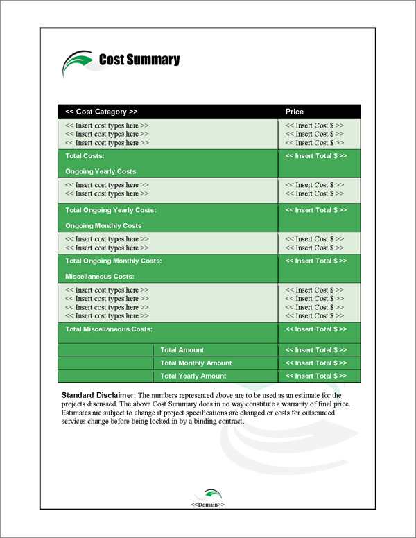 Proposal Pack In Motion #2 Cost Summary Page Proposal Pack In Motion #2 Cost Summary Page
