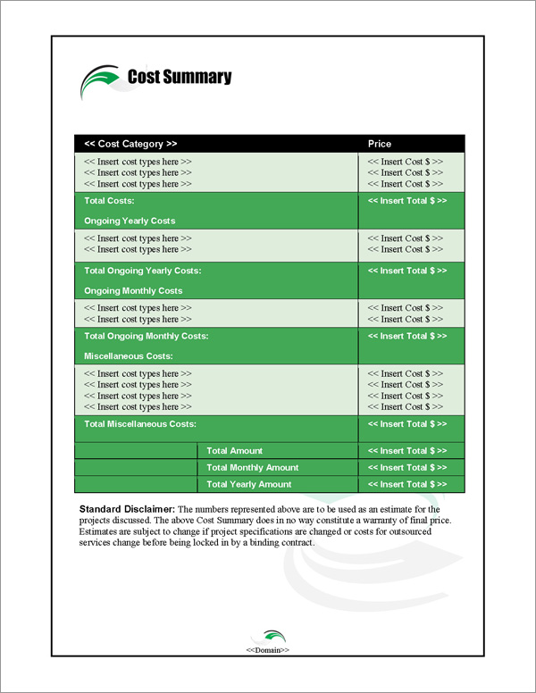 Proposal Pack In Motion #2 Cost Summary Page