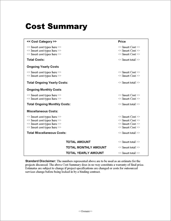 Proposal Pack for Any Business Cost Summary Page