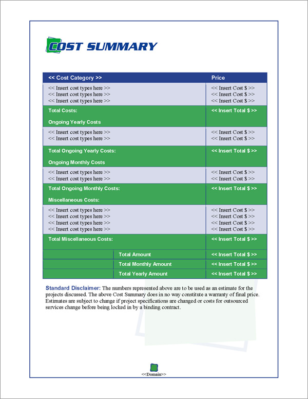 Proposal Pack Business #1 Cost Summary Page Proposal Pack Business #1 Cost Summary Page