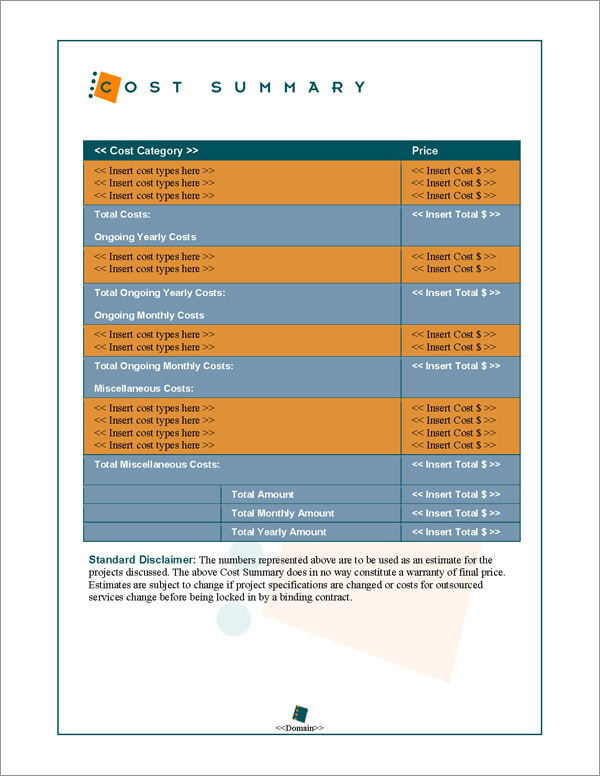 Proposal Pack Business #2 Cost Summary Page