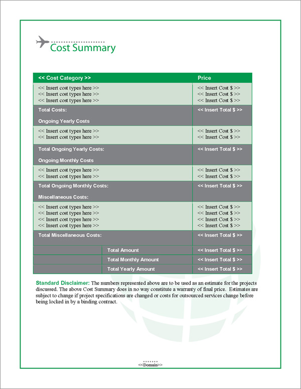 Proposal Pack Aerospace #2 Cost Summary Page