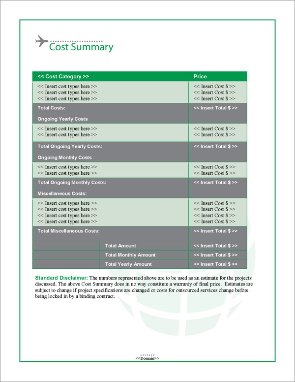 Proposal Pack Aerospace #2 Cost Summary Page Proposal Pack Aerospace #2 Cost Summary Page