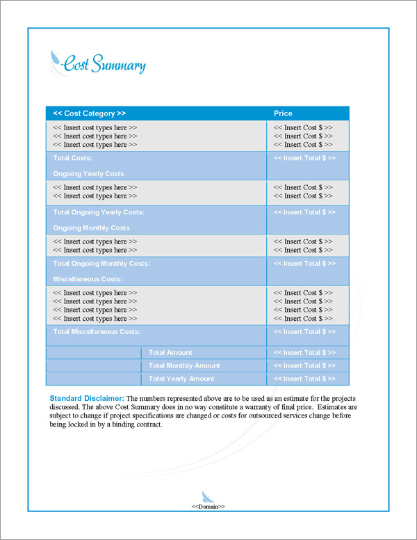 Proposal Pack Elegant #3 Cost Summary Page