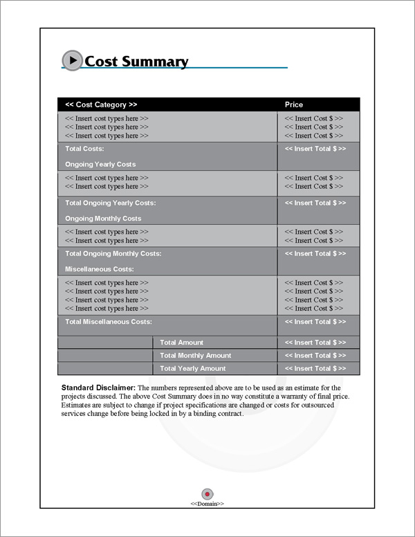 Proposal Pack Multimedia #3 Cost Summary Page