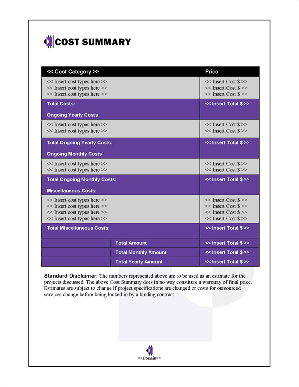 Proposal Pack Business #4 Cost Summary Page Proposal Pack Business #4 Cost Summary Page
