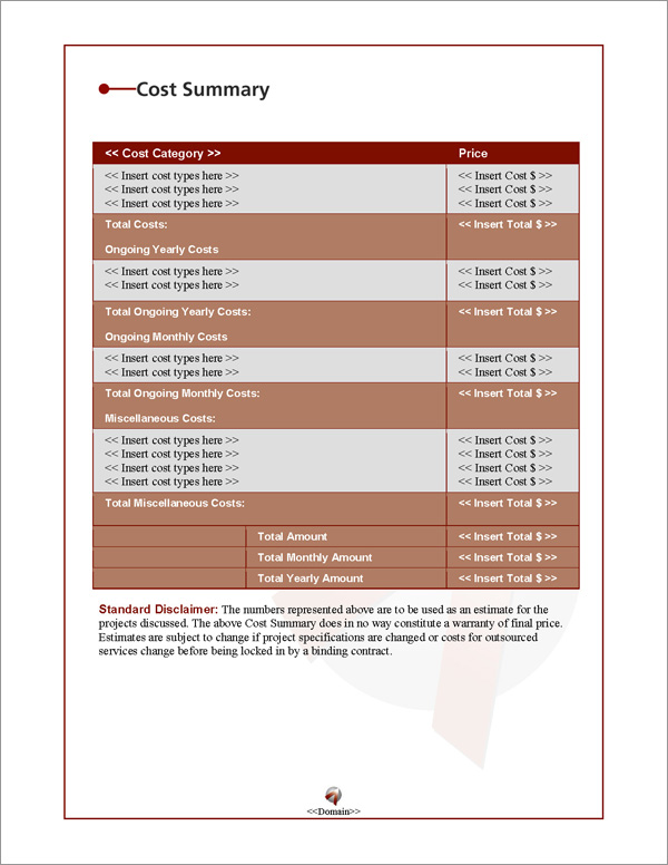 Proposal Pack Business #5 Cost Summary Page Proposal Pack Business #5 Cost Summary Page
