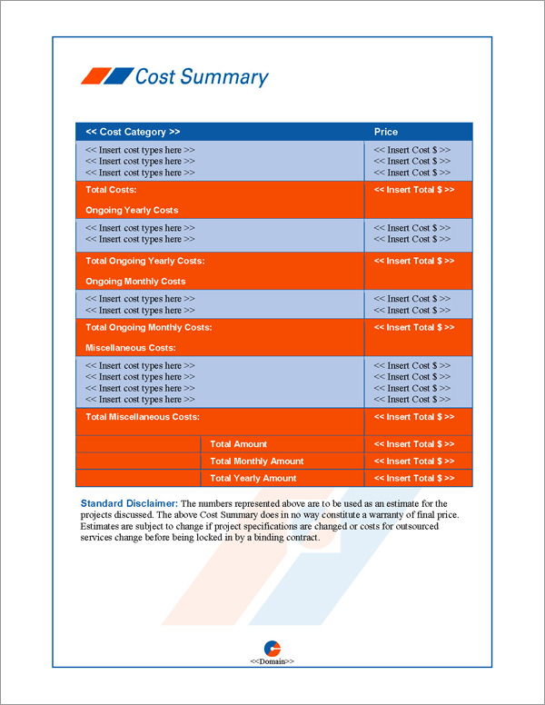 Proposal Pack Business #6 Cost Summary Page