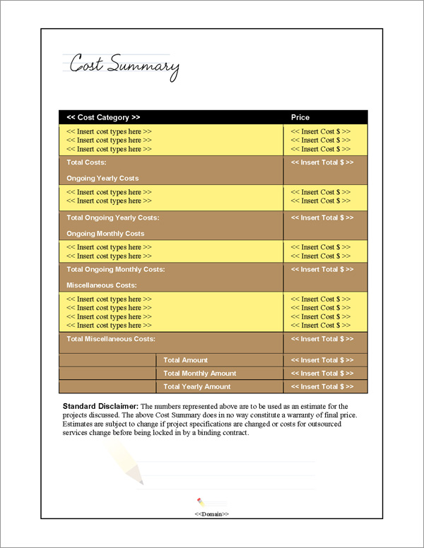 Proposal Pack Education #1 Cost Summary Page Proposal Pack Education #1 Cost Summary Page