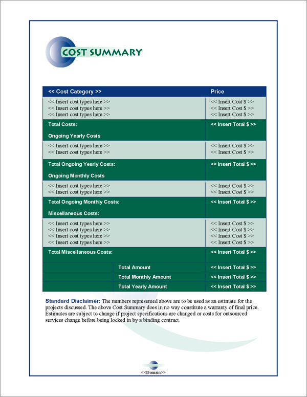 Proposal Pack Contemporary #3 Cost Summary Page