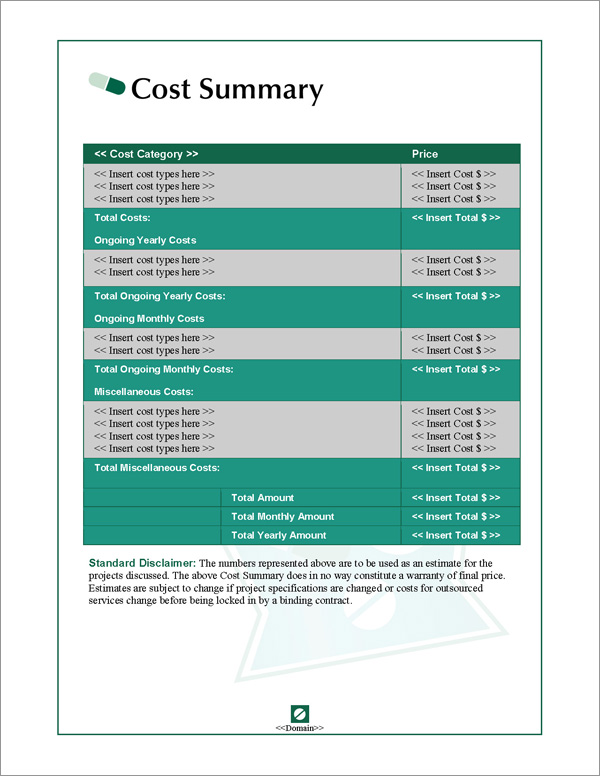 Proposal Pack Medical #2 Cost Summary Page