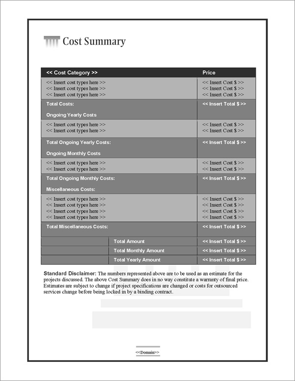 Proposal Pack Classic #4 Cost Summary Page