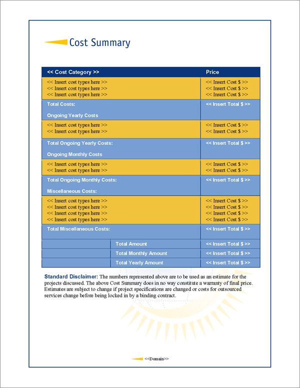 Proposal Pack Global #1 Cost Summary Page