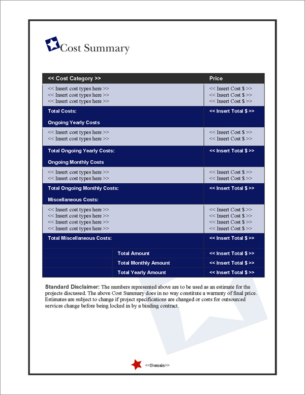 Proposal Pack Flag #1 Cost Summary Page