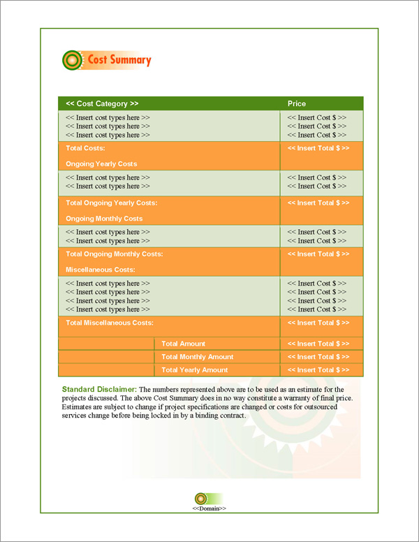 Proposal Pack Business #7 Cost Summary Page