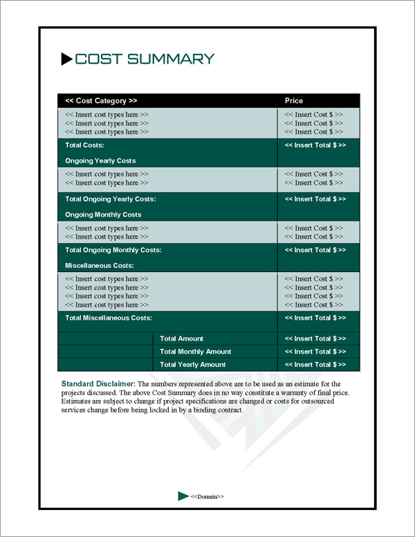 Proposal Pack Contemporary #4 Cost Summary Page