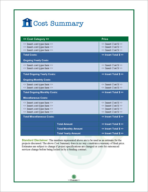 Proposal Pack Financial #1 Cost Summary Page