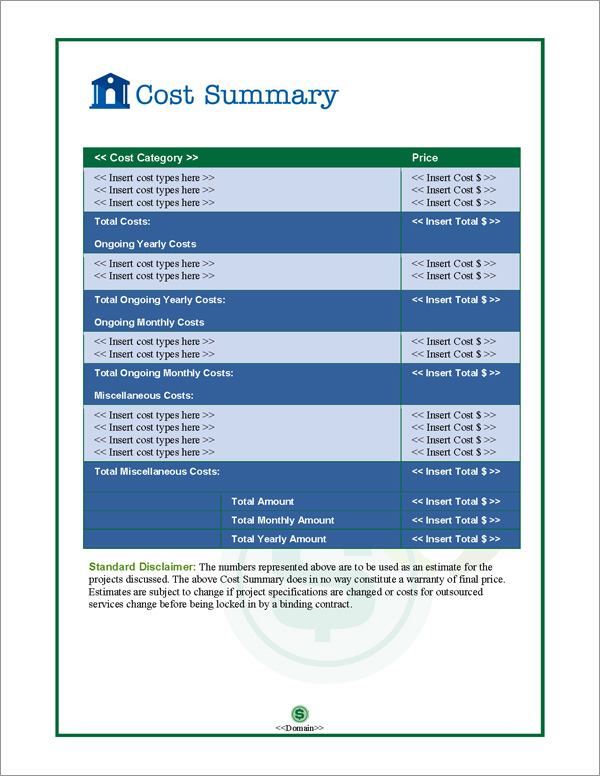 Proposal Pack Financial #1 Cost Summary Page Proposal Pack Financial #1 Cost Summary Page
