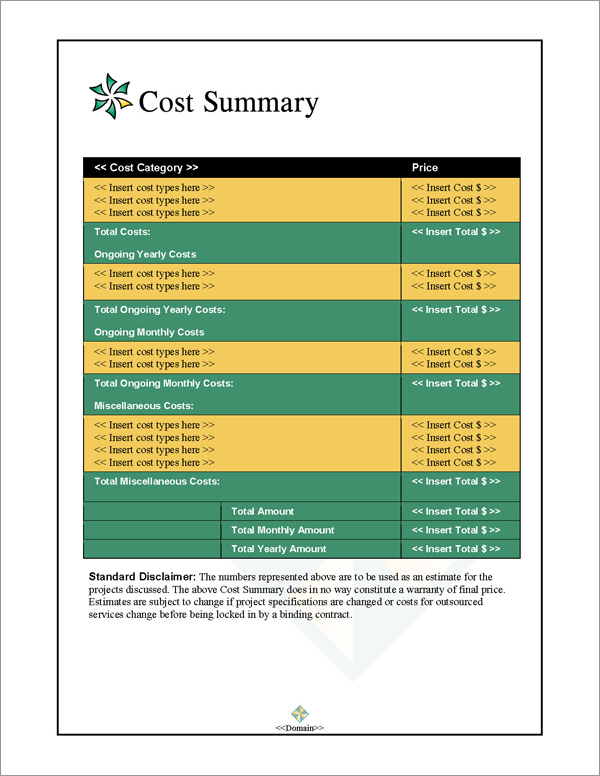 Proposal Pack Contemporary #5 Cost Summary Page Proposal Pack Contemporary #5 Cost Summary Page