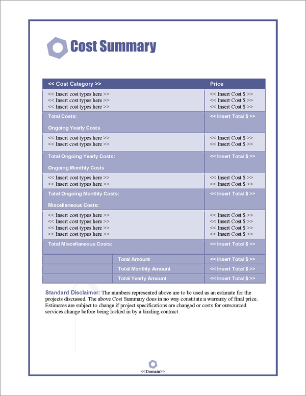 Proposal Pack Construction #2 Cost Summary Page