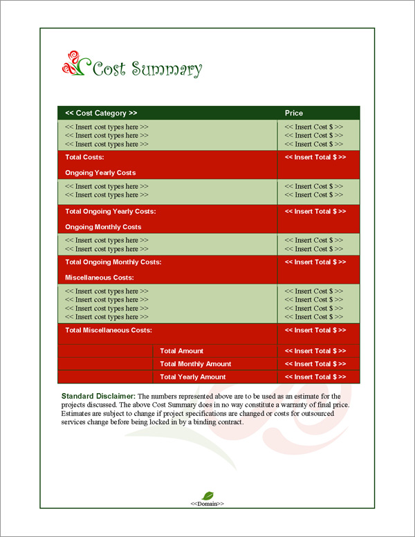 Proposal Pack Nature #1 Cost Summary Page Proposal Pack Nature #1 Cost Summary Page