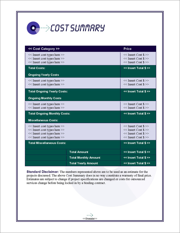 Proposal Pack Multimedia #4 Cost Summary Page