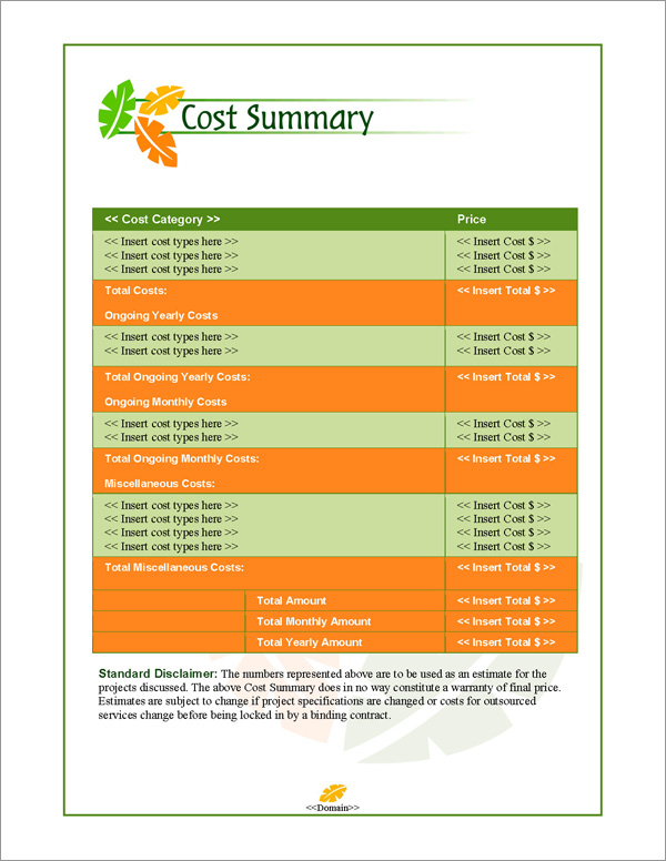 Proposal Pack Nature #2 Cost Summary Page