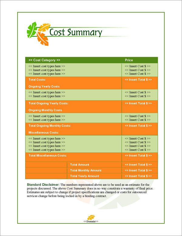 Proposal Pack Nature #2 Cost Summary Page Proposal Pack Nature #2 Cost Summary Page