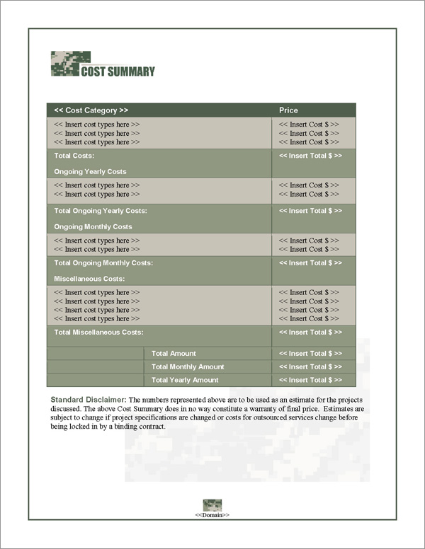 Proposal Pack Military #1 Cost Summary Page Proposal Pack Military #1 Cost Summary Page