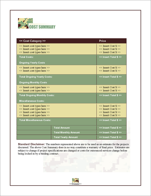 Proposal Pack Military #3 Cost Summary Page Proposal Pack Military #3 Cost Summary Page