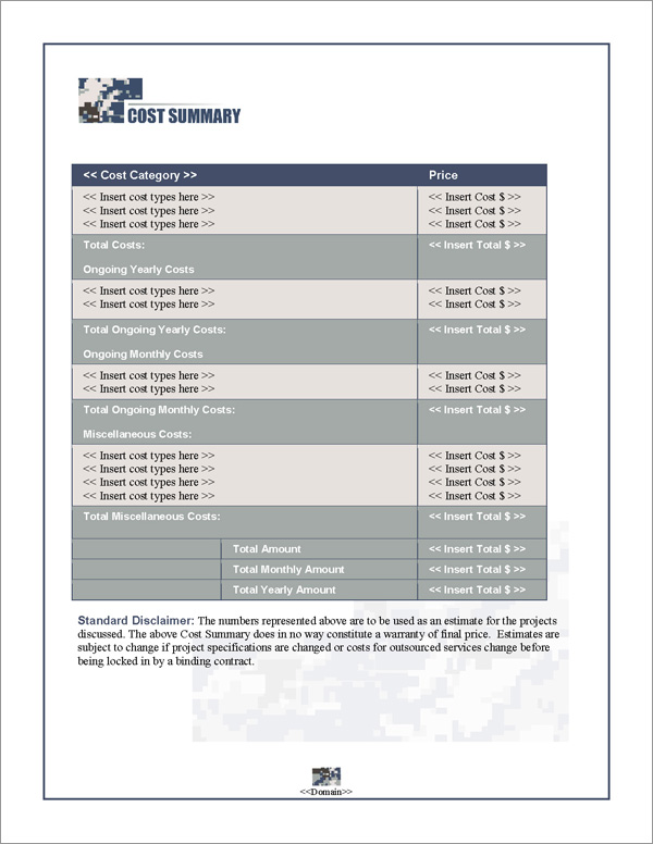 Proposal Pack Military #4 Cost Summary Page Proposal Pack Military #4 Cost Summary Page