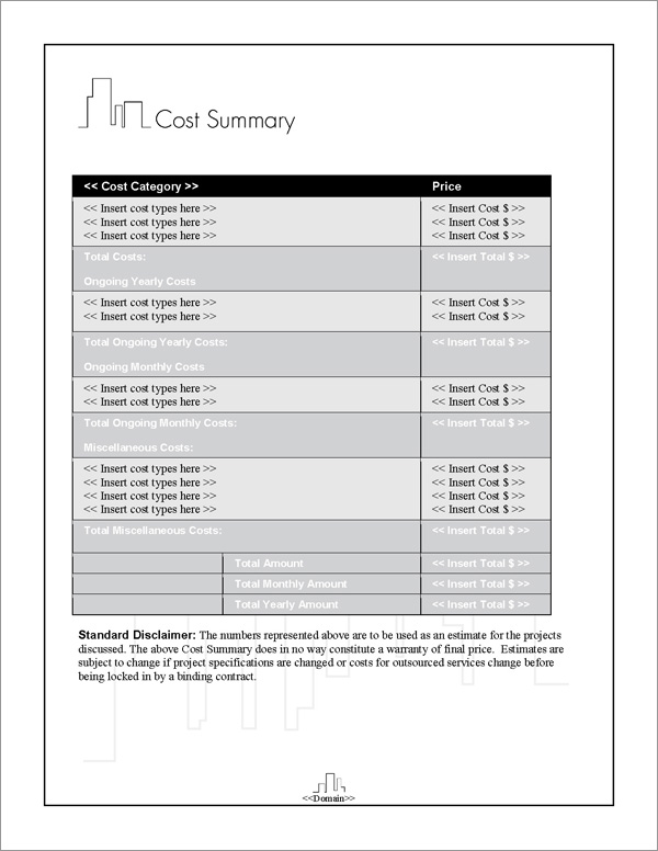 Proposal Pack Skyline #3 Cost Summary Page