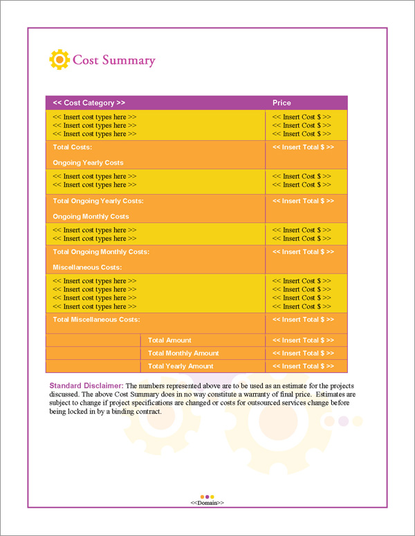 Proposal Pack Concepts #11 Cost Summary Page