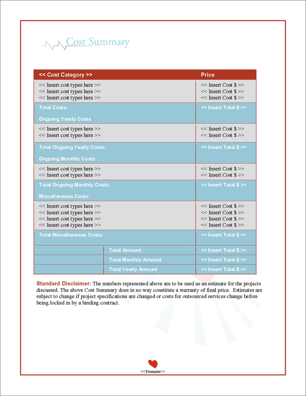 Proposal Pack Medical #6 Cost Summary Page Proposal Pack Medical #6 Cost Summary Page