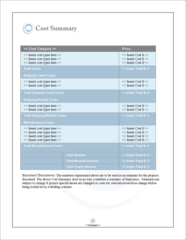 Proposal Pack Hospitality #1 Cost Summary Page