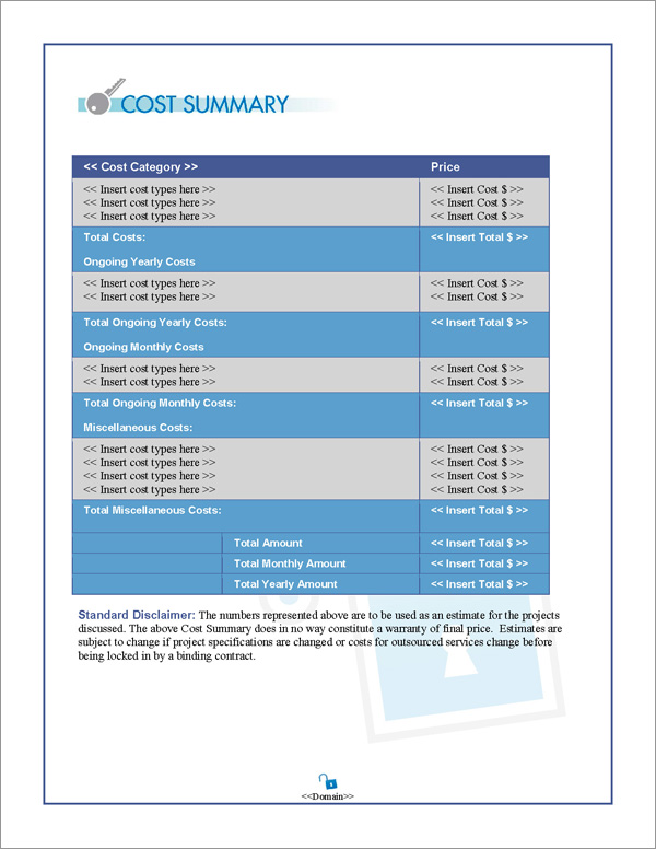 Proposal Pack Security #4 Cost Summary Page Proposal Pack Security #4 Cost Summary Page