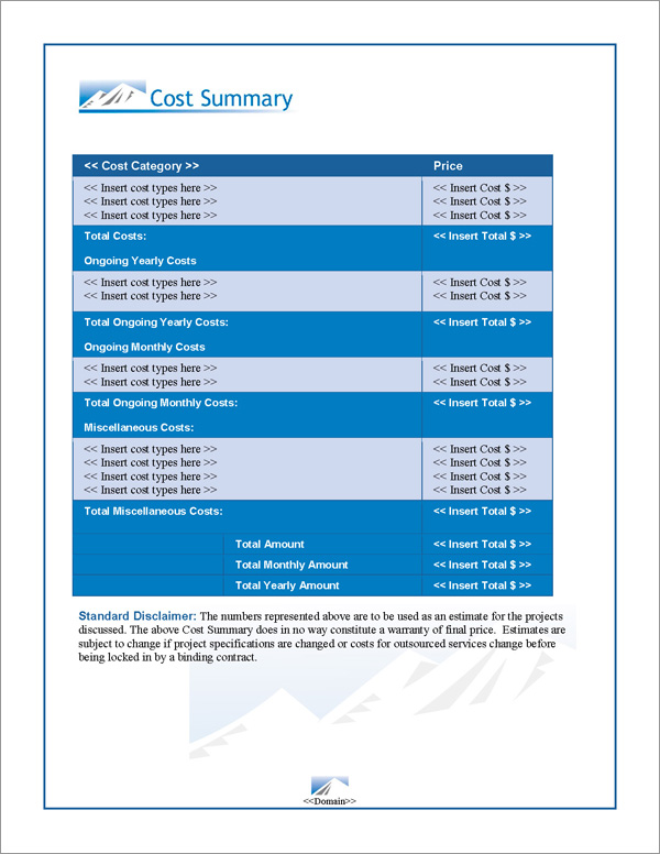 Proposal Pack Outdoors #1 Cost Summary Page