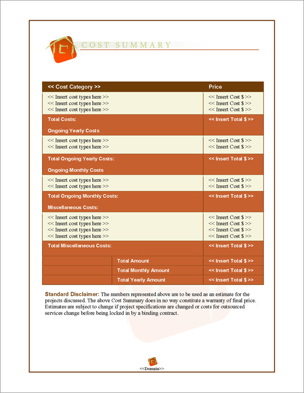 Proposal Pack Real Estate #2 Cost Summary Page