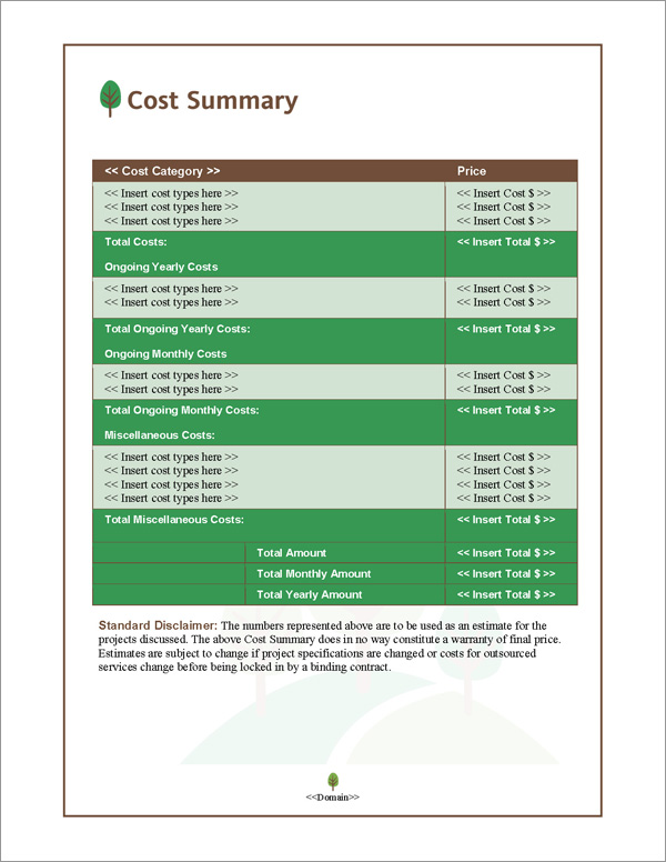Proposal Pack Nature #3 Cost Summary Page Proposal Pack Nature #3 Cost Summary Page