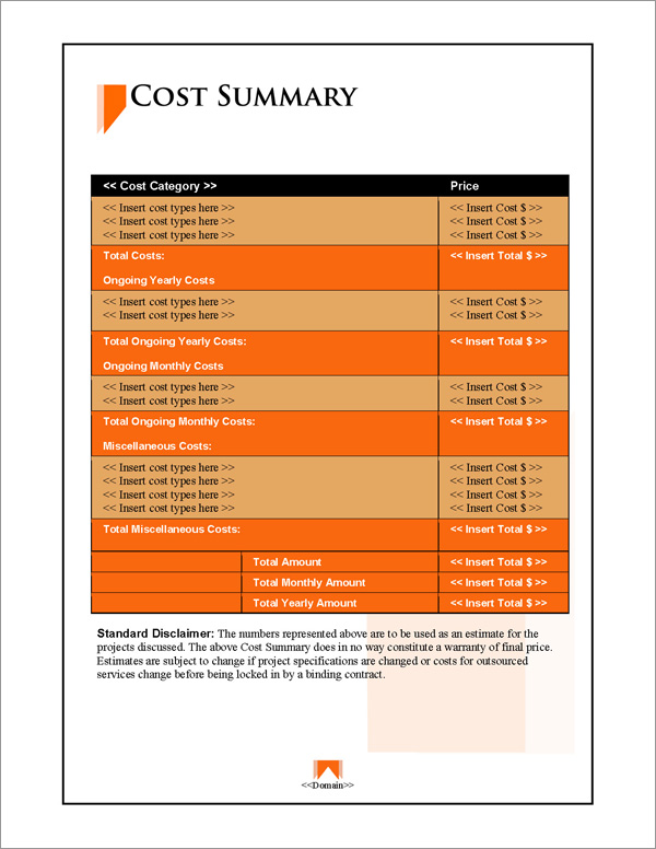 Proposal Pack Classic #5 Cost Summary Page